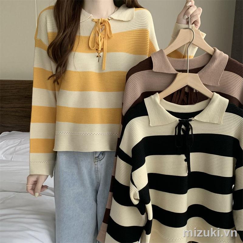 Áo len nữ dài tay cổ bẻ sọc vằn thời trang Hàn