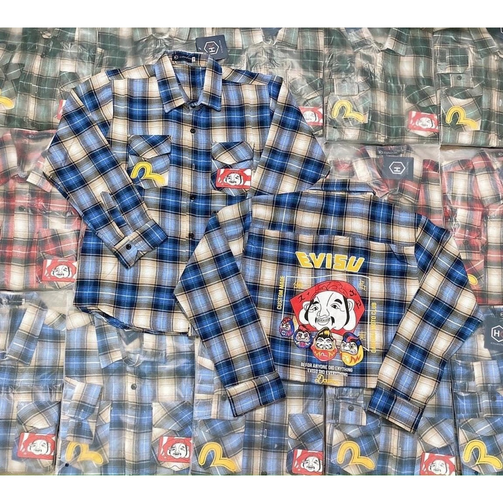 Áo Sơ Mi Nam Tay Dài EVISU BÀ ĐỊA Vải Nỉ Caro MềmMịn Hình In Rõ Nét Phong Cách Thời Trang Hot Trend Mới