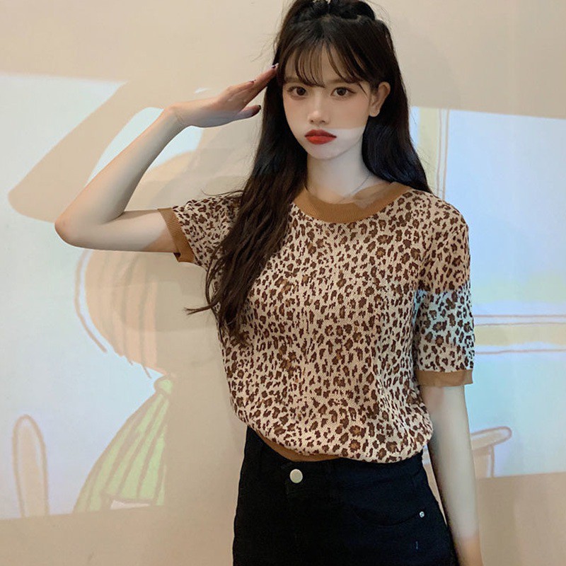 Áo thun tay ngắn họa tiết da báo thời trang mùa hè trẻ trung sành điệu cho nữ