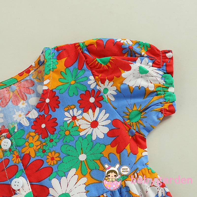 Bộ Áo Liền Quần Tay Ngắn Cổ Tròn In Hoa Kèm Băng Đô Xinh Xắn Cho Bé Gái