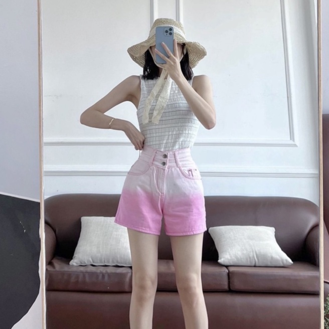 Quần short kaki lưng cao 2 nút wash phối 2 màu xin xắn có Bigsize
