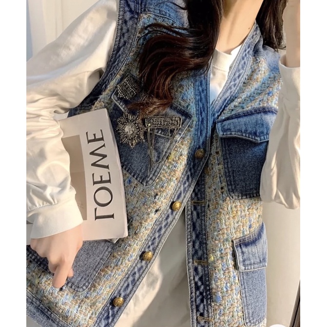 Áo gile dạ Tweed phối bò denim Ulzzang siêu xinh ❤️
