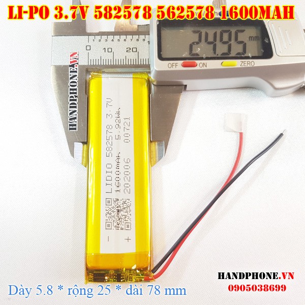 Pin Li-Po 3.7V 1600mAh 582578 602580 (Lithium Polymer) cho loa Bluetooth, Camera Hành Trình, Thiết bị Y Tế, bàn phím