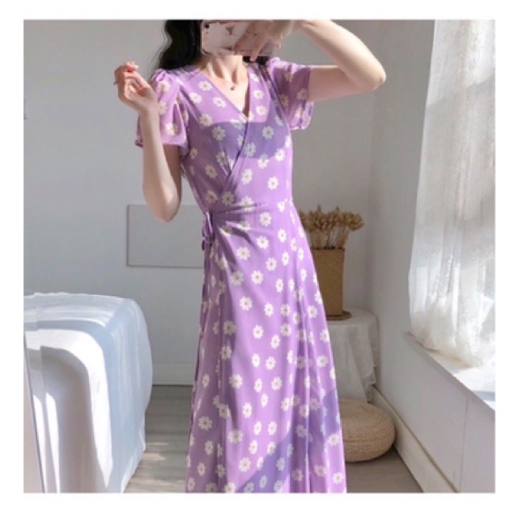Thanh lý đầm tím hoa cúc, đầm 2 dây Maybi