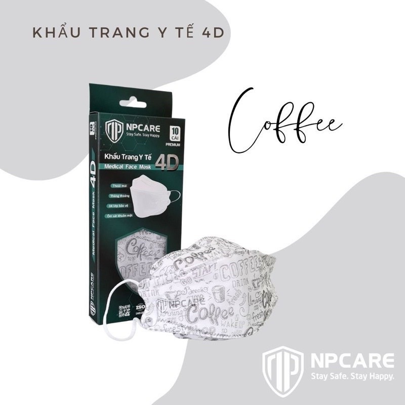 Khẩu Trang Y Tế 4D NPCARE hàng xuất khẩu - Hoạ tiết COFFEE ( Hộp 10 Cái )