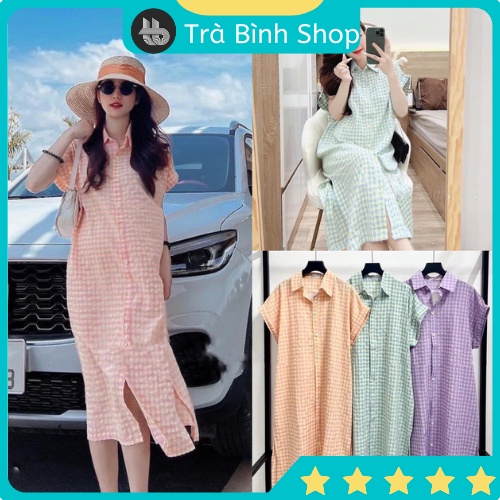 Váy sơ mi kẻ dáng dài họa tiết kẻ caro hai màu xanh hồng xinh xắn, đầm sơ mi kẻ caro dáng dài form rộng