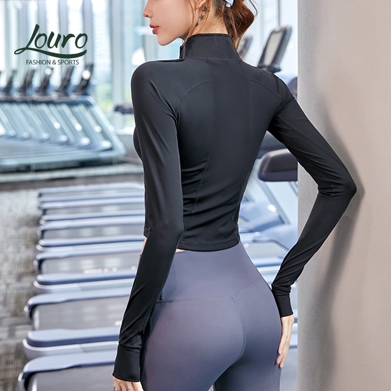 Áo thể thao nữ tay dài khóa kéo Louro AKL13, chất liệu co giãn 4 chiều dày, phù hợp tập thể thao mùa đông