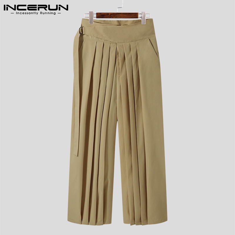 Quần xếp ly INCERUN ống rộng lưng cao màu trơn trẻ trung cho nam