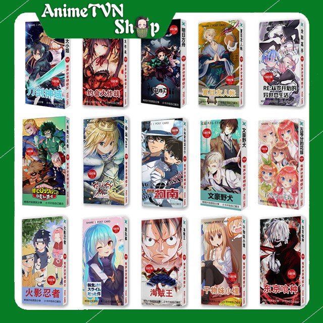 Hộp Postcard Bưu thiếp (Trọn bộ 180 Hình có Sticker) Anime/Manga Nhiều mẫu mã (SAO, Kimetsu, One Piece, Naruto, Re Zero)