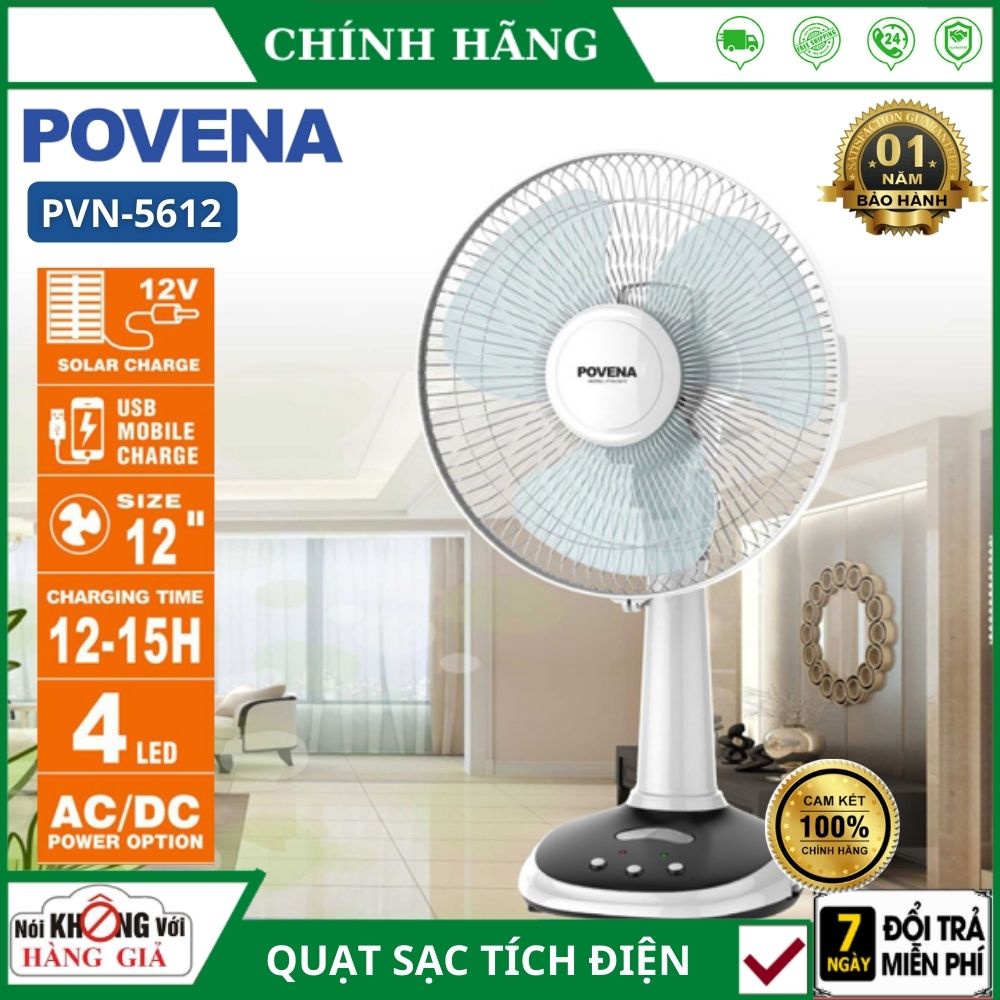 Quạt sạc pin tích điện Povena PVN-5612 Đường kính 12 inch 3 chế độ , quạt cây để bàn làm mát lớn cho bé mini