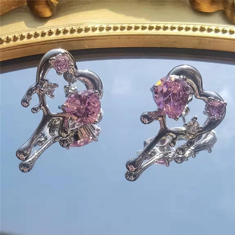 Khuyên Tai Hình Trái Tim Đính Đá Zircon Hồng Thời Trang Phổ Biến