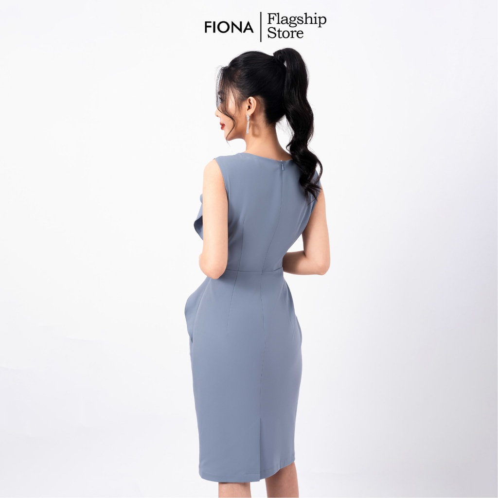 Đầm ôm công sở  FIONA, Đầm nữ sát nách cổ tròn bèo lệch đính hoa màu xanh F451002