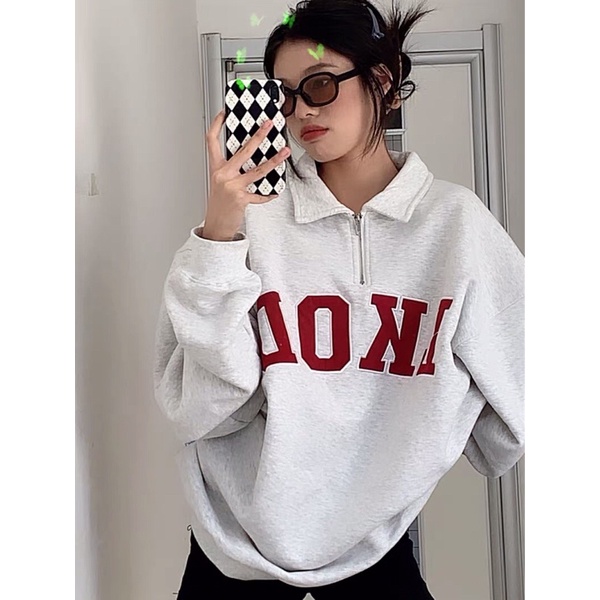 Áo sweater nỉ da cá polo có khoá kéo ulzzang in chữ LKOD