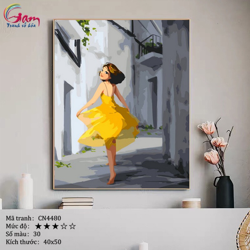 Tranh tô màu theo số Gam cô gái váy vàng CN4480 40x50cm đã căng khung