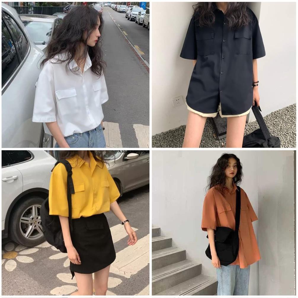 Áo sơ mi nữ SAM CLO cổ bẻ tay ngắn - lỡ ulzzang form freesize dáng rộng unisex mặc cặp, nhóm, couple TRƠN HAI TÚI ་