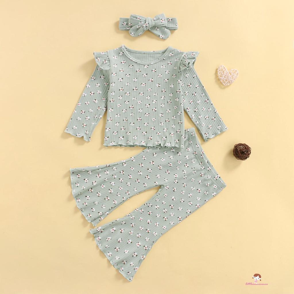 Bộ Áo Thun Tay Dài In Hoa + Quần Ống Loe + Băng Đô Thời Trang Cho Bé Gái Q7-Kid