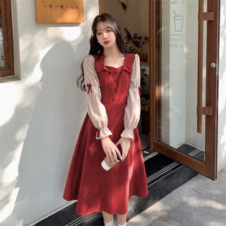 Váy đầm nhung cổ vuông đen đỏ nâu tay dài nơ phong cách Hàn Quốc MS302
