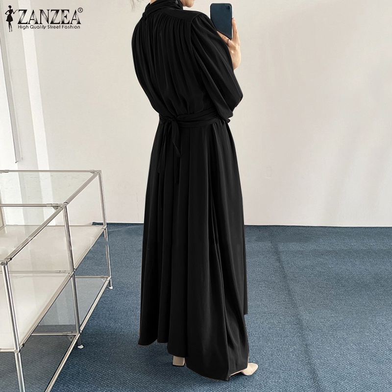 Đầm ZANZEA cổ cao tay phồng phối xếp ly thanh lịch cho phái nữ