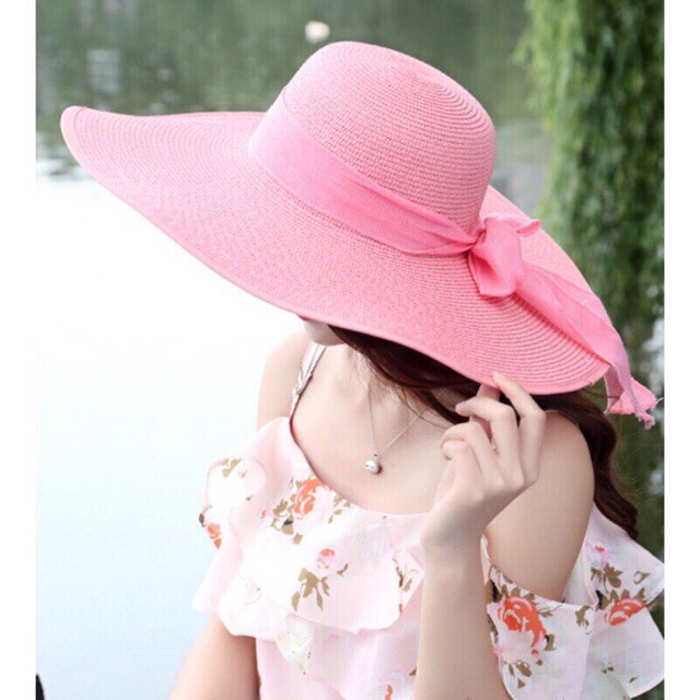 Mũ Cói Rộng Vành Tặng NƠ cùng màu Dịu Dàng, Thả Dáng Đi Chơi