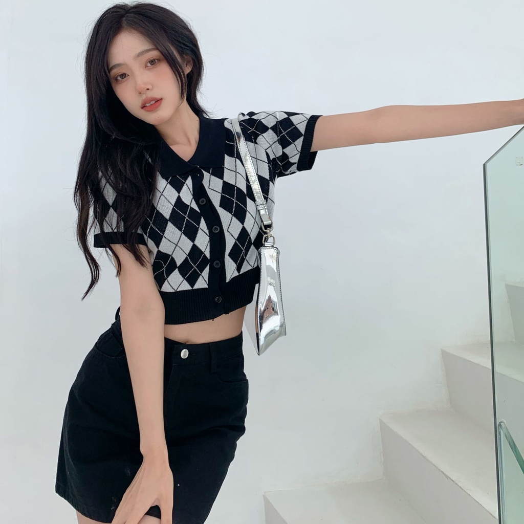 Áo Thun polo Ngắn Tay Cổ polo Họa Tiết Hình Thoi Phong Cách Retro Mỹ Thời Trang Mùa Hè Cho Nữ  tao bao