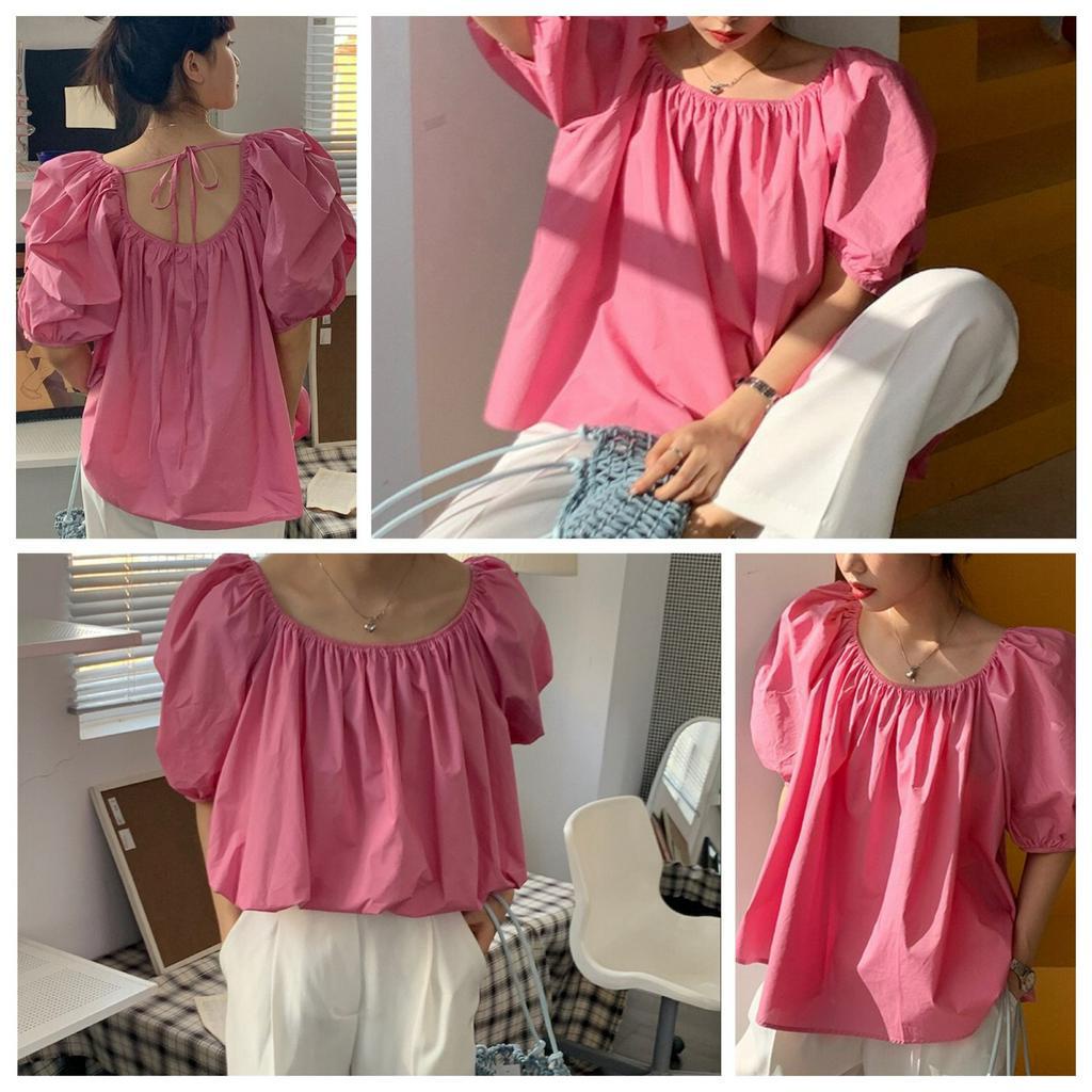 Áo Kiểu Nữ Tay Phồng Ngắn Xếp Ly Xinh Xắn Thời Trang