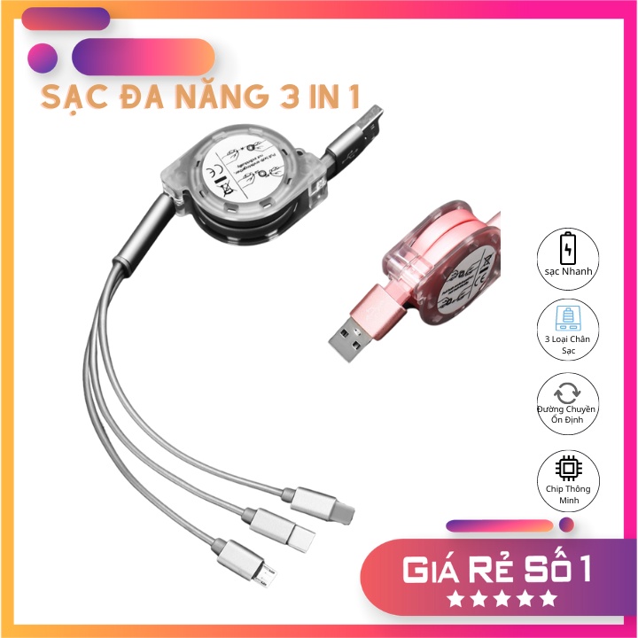 Cáp Sạc Đa Năng, Bộ Sạc Dây Cáp Sạc Nhanh 3 Trong 1 Chuẩn Kết Nối Micro USB,Type C,Lightning Cho Điện Thoại