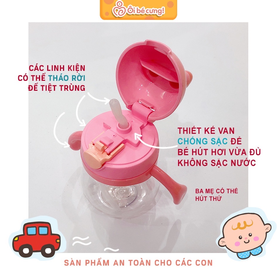 BÌNH TẬP UỐNG NƯỚC/BÌNH NƯỚC CHO BÉ ĐI HỌC CÓ ỐNG HÚT CHỐNG SẶC CHỊU NHIỆT CAO 250ml chia vạch 4 màu cute  OIBECUNG