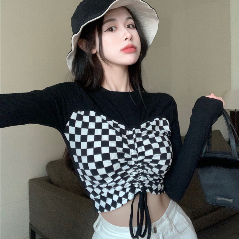 Áo croptop dệt kim tay dài dáng ôm phối dây rút trước họa tiết kẻ sọc thời trang mùa thu quyến rũ cho nữ