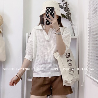 Áo polo lưới chất len cổ chữ V