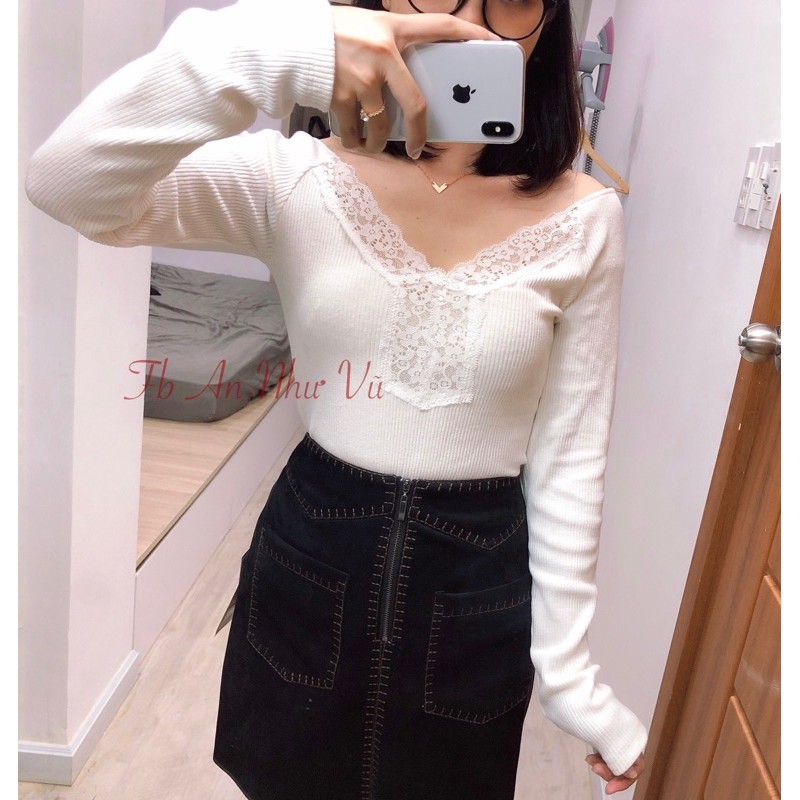 [THANH_LÝ_AUTH] Áo len cổ V phối ren ZR