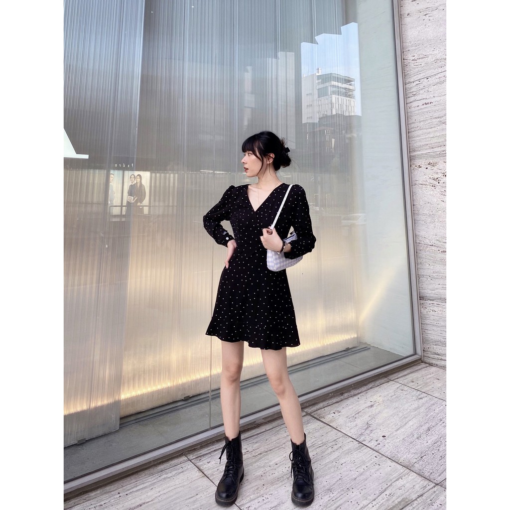 [Mã FAGREEN1505 giảm tới 30K đơn 99K] [FOUR6] Váy nữ dài tay dáng xòe bo eo họa tiết chấm bi