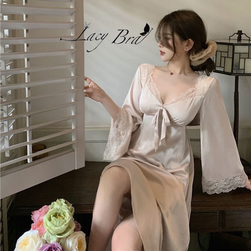 Váy Ngủ Xuông Dài Phong Cách Cổ Điển Thanh Lịch Phối Ren Tinh Tế Lacy Bra - V22
