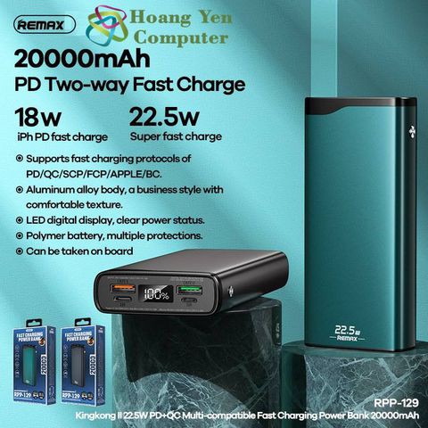Pin sạc dự phòng Remax RPP-129 20000mAh sạc nhanh QC3.0 max 22.5W, Type-C PD 18W
