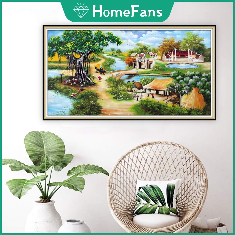 Bộ Tranh Đính Đá 5D Tự Làm Hình Phong Cảnh Làng Quê Cỡ Lớn 90x50cm