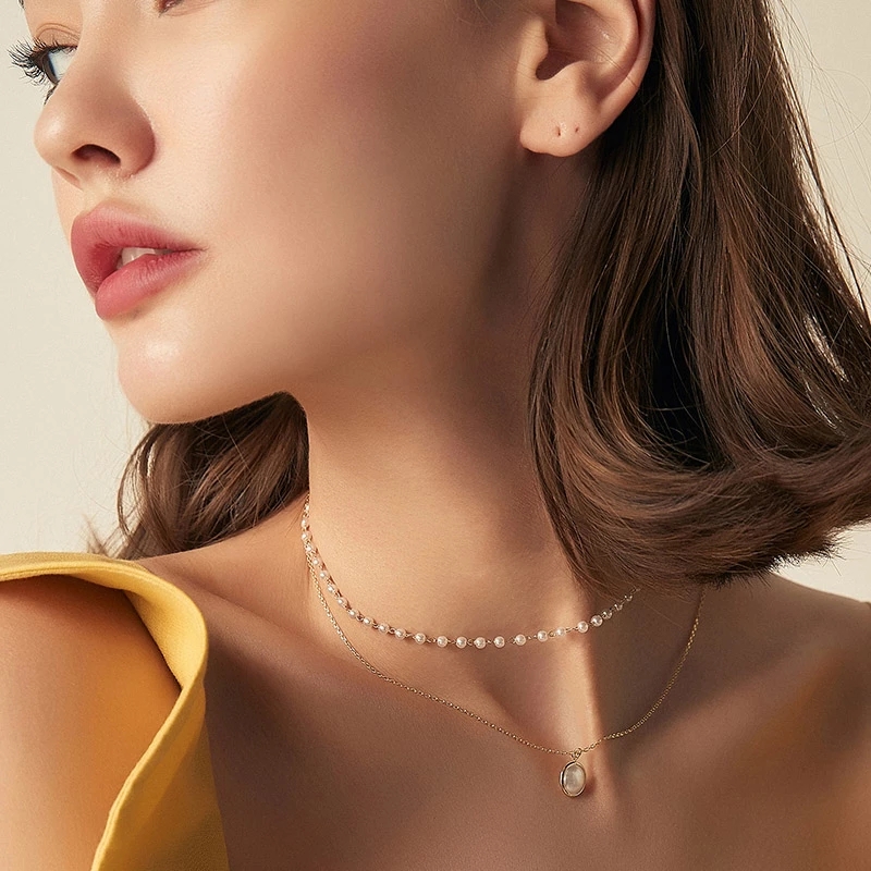 [Women Elegant Korean Retro Pearl Metal Double Layer Pendant Necklace ][Ladies Fashion Contracted Joker Collarbone Chain Double Pearl Necklace][Girls Jewelry Accessoriess Gifts]