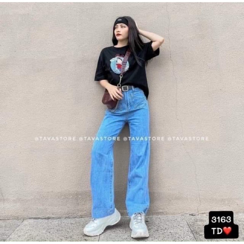 Quần jeans hai túi trước, lưng siêu cao ống rộng  kèm ảnh thật trải sàn
