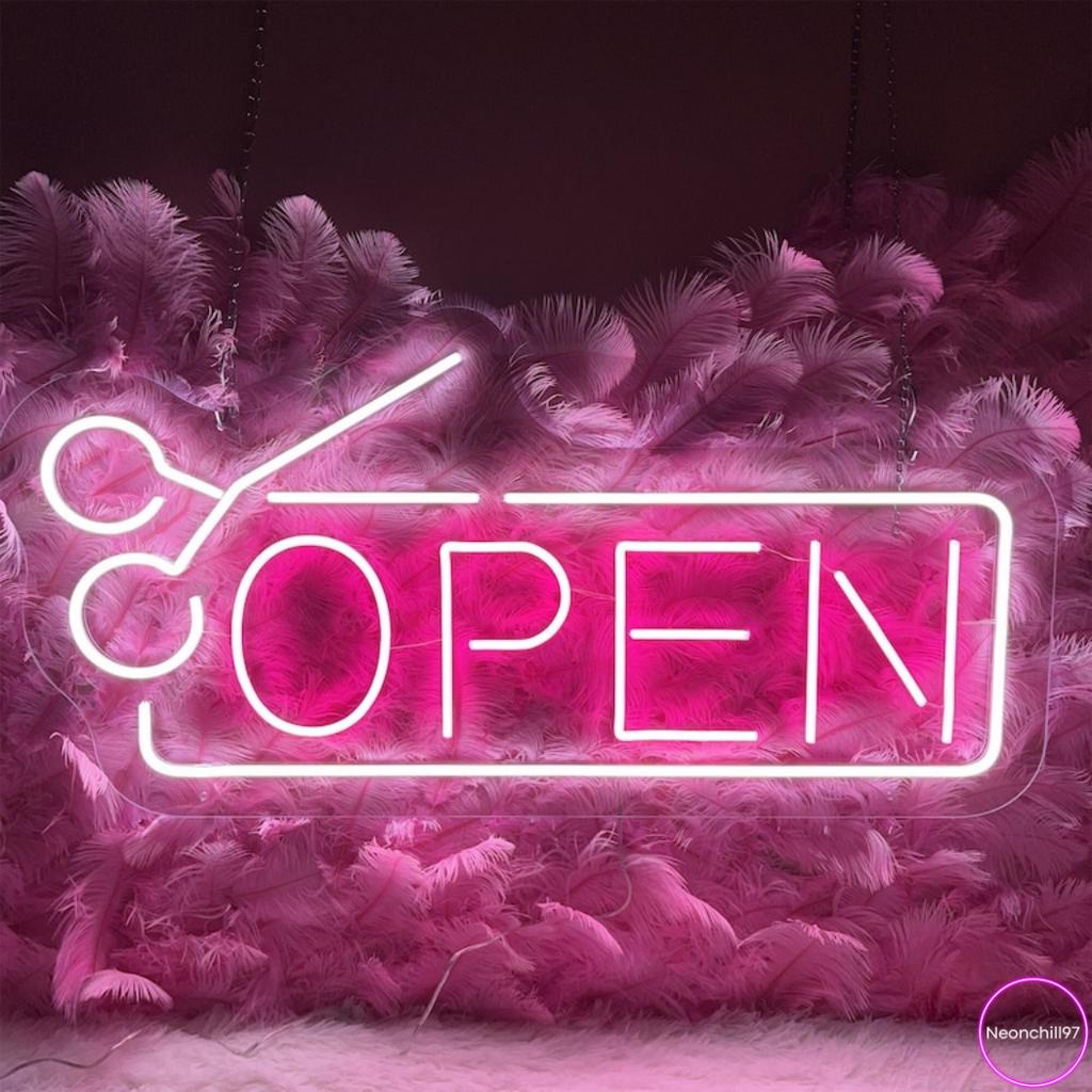 Hair Salon Sign, Đèn led neon 30 x 16 cm, Đèn neon bảng hiểu open trang trí cho shop
