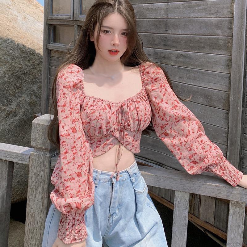 Áo Sơ Mi Chiffon Tay Dài Cổ Vuông In Họa Tiết Hoa Quyến Rũ Cho Nữ