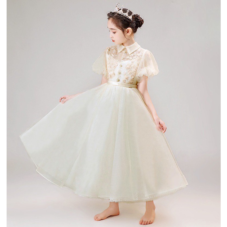 Váy công chúa bé gái thiết kế cao cấp cho bé đi dự tiệc phù dâu tùng dài tay bồng màu trắng kem siêu xòe DBG089