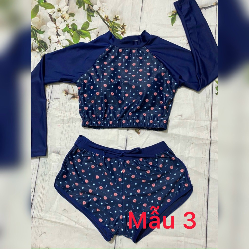 Đô Bơi Nữ, Bikini Hai Mảnh Đẹp Họa Tiết Hoa Dài Tay - Quần Short Kín Đáo (HÌNH THẬT)