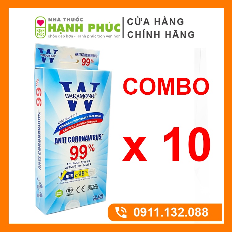 [COMBO 10 HỘP] Khẩu Trang Y Tê Wakamono Việt Nam Chính Hãng 4 Lớp Hộp 10 Chiếc Người Lớn Ngăn Bụi Kháng Khuẩn, Virut