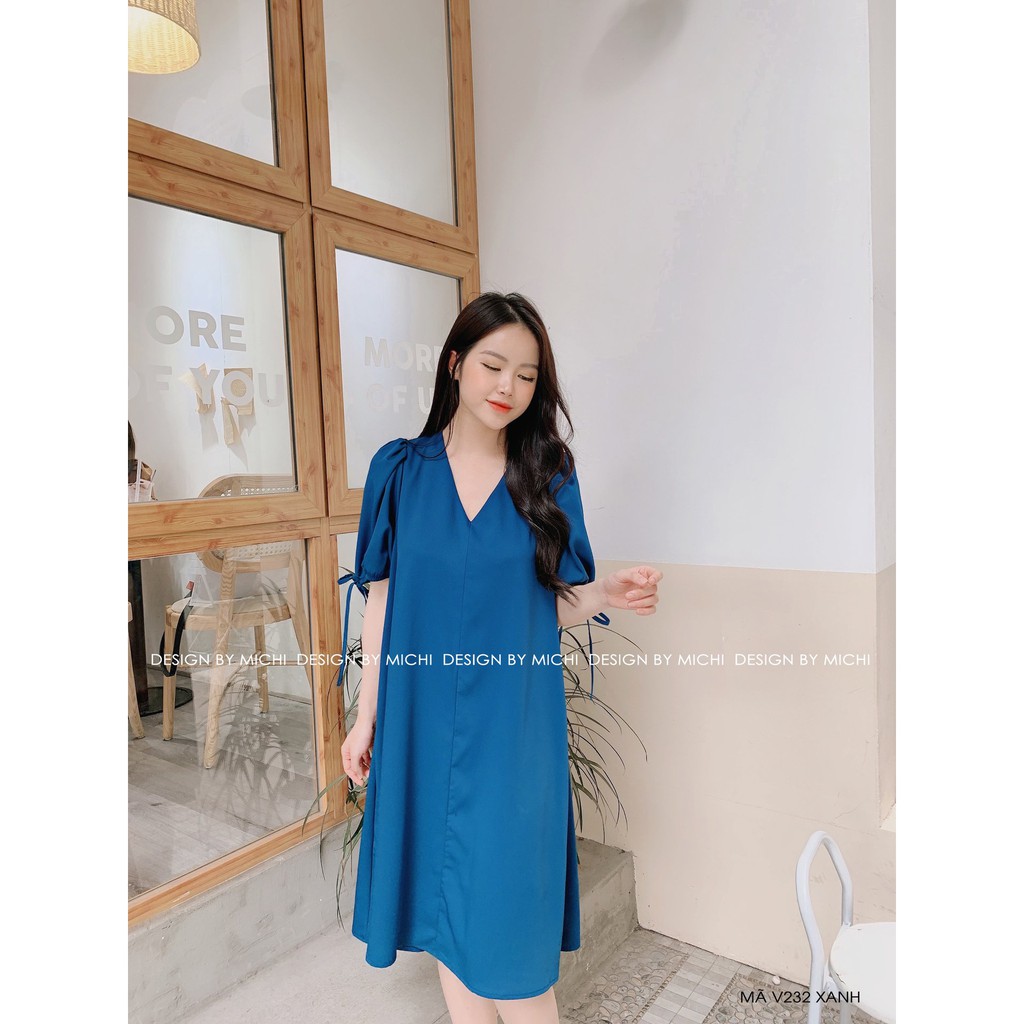 Váy thiết kế, dáng suông cổ V, tay nơ, đầm dáng xuông rộng, freesize 3 màu Xanh - Nâu - Đỏ, mã V232 - Michi's House | BigBuy360 - bigbuy360.vn