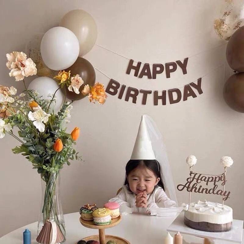 Dây chữ Happy birthday dạ nỉ nâu trang trí sinh nhật phong cách hàn quốc