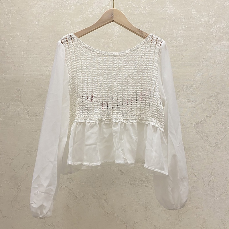 Brroa Áo Thun Đan Móc Tay Phồng Thêu Hoa Kiểu Retro Cho Nữ