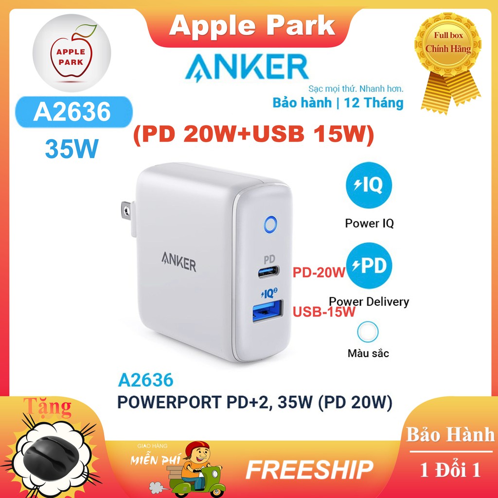 Cốc Sạc Nhanh Anker A2636 35W 2 Cổng iPhone PD 20W+USB-A QC3.0 15W Cho iPhone 12 Pro 11 XS 8P 8 Samsung S10 S20 Vâng