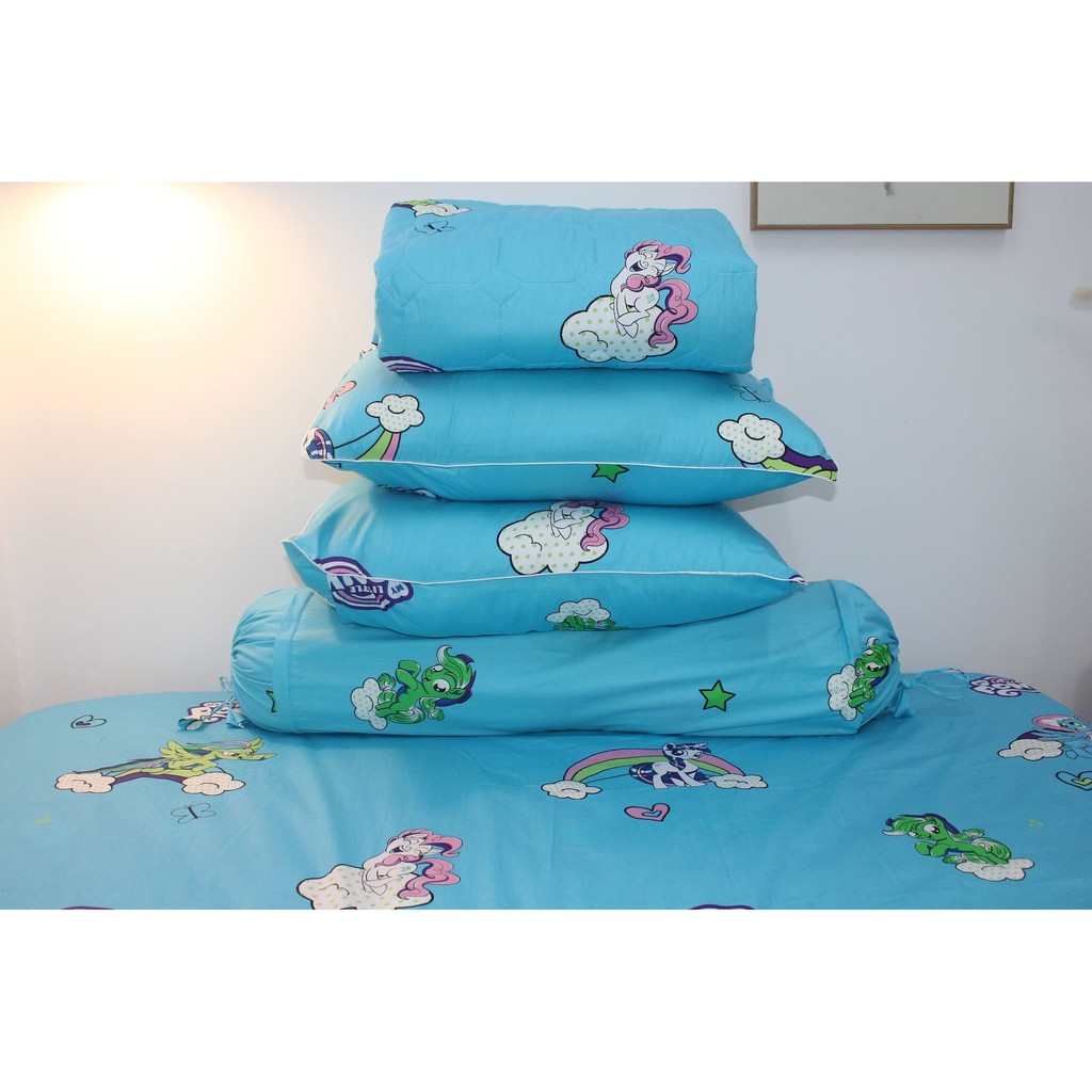 BỘ GA GỐI 4 MÓN NGỰA LITTLE PONY MÀU XANH COTTON 100% (GA GIƯỜNG + 1 VỎ GỐI ÔM + 2 VỎ GỐI NẰM)