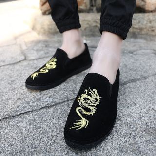 (Hàng Siêu Cấp) Slip on nam - Giày Lười Vải Nam In Rồng Khâu đế Màu đen Nâu Thời Trang size 39 -44