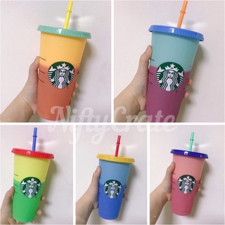 Ly Nhựa Đổi Màu Starbucks Có Thể Tái Sử Dụng Thiết Kế Độc Đáo 710ml Kèm Nắp Và Ống Hút