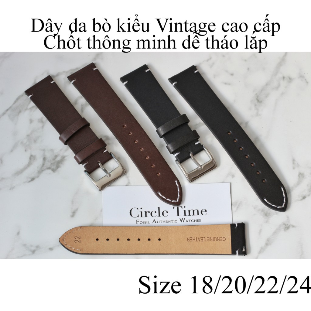 Dây đồng hồ da bò chốt thông minh Vintage size 18/20/22/24