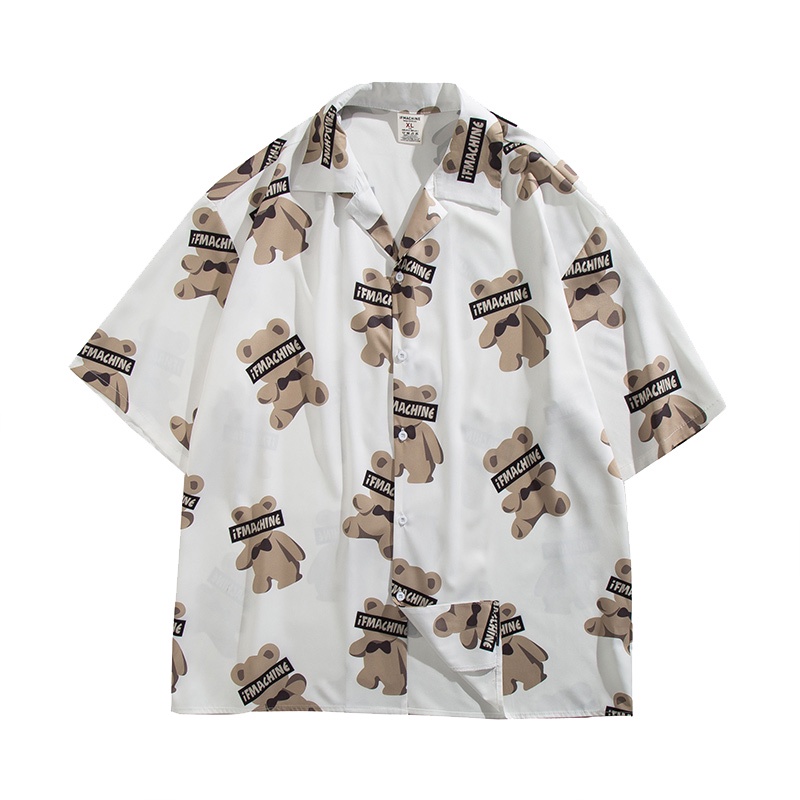 Áo Sơ Mi Tay Ngắn Vải Lụa Lạnh In Hình Gấu Toàn Diện Kiểu Hàn Quốc Cá Tính Cho Cặp Đôi